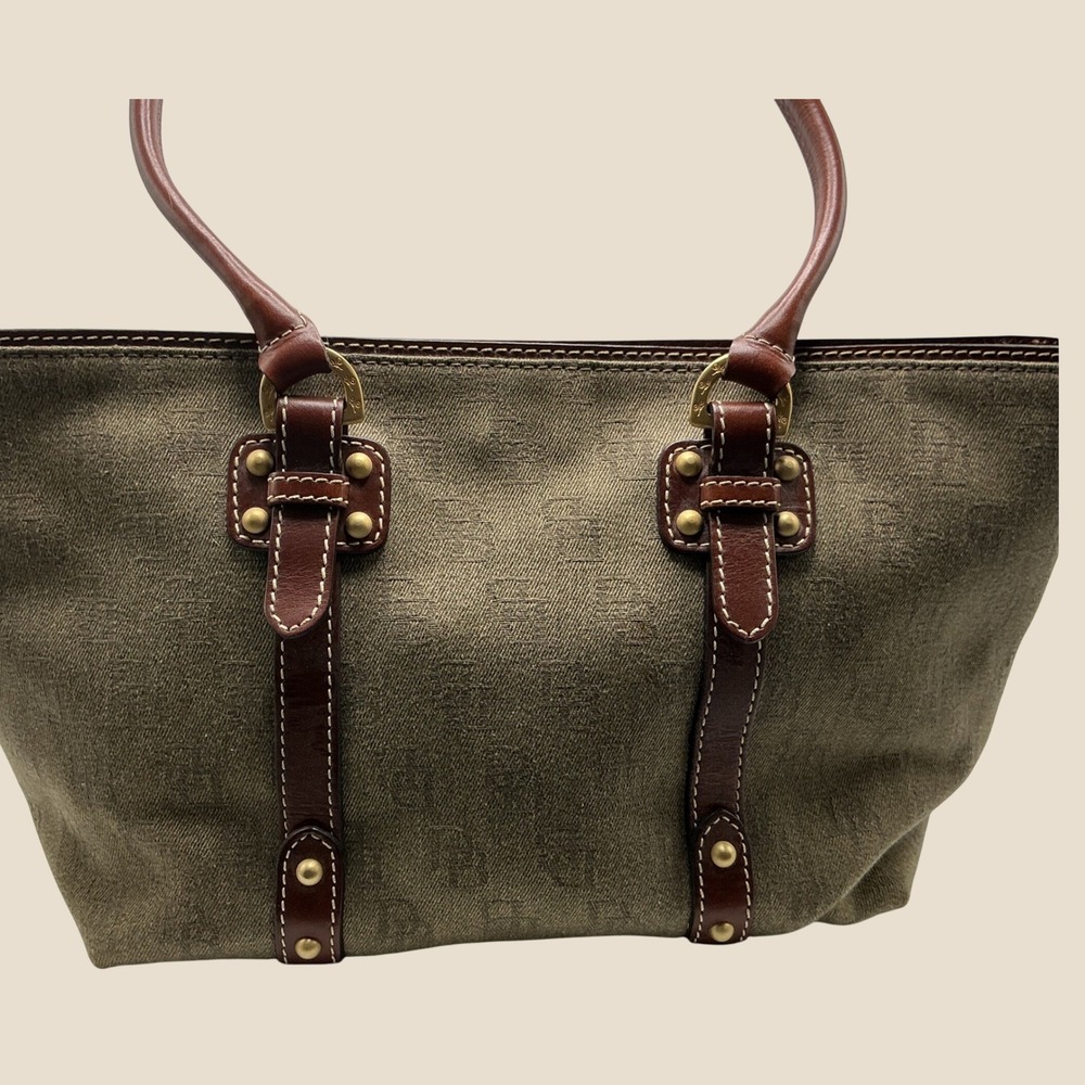 Dooney & Bourke Olive Green Monogram Jacquard Leather Trim Tote Bag J1294023